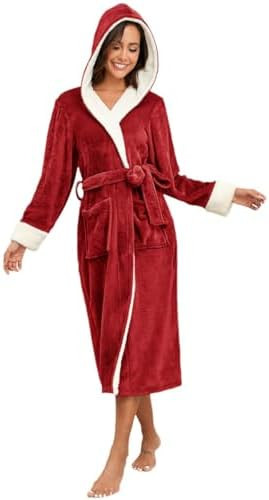 RONGTAI Womens Plush Fleece Hooded Bathrobe, Thick Nightgown Long Robe Sleepwear with Two Side Po... | Amazon (US)