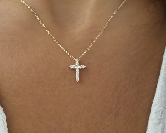Diamond Cross Necklace / 14k Gold Diamond Cross 0.18 CT / Dainty Diamond Cross / Baptism Gift / C... | Etsy (US)