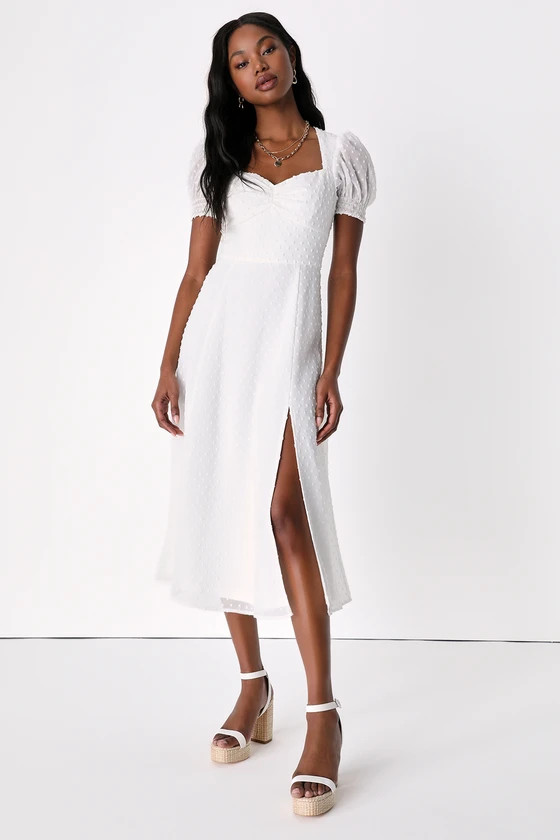 Romance Abounds White Swiss Dot Puff Sleeve A-Line Midi Dress | Lulus (US)