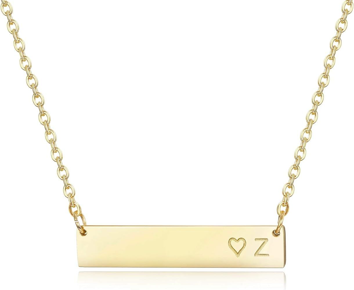 Finrezio Rose Gold Plated Stainless Steel Initial Heart Bar Necklace Alphabet Pendant Necklace for W | Amazon (US)