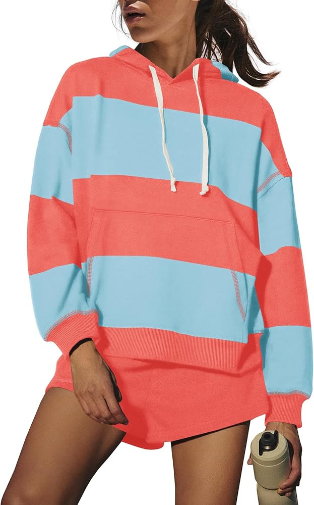 SENSERISE Women Striped Workout Set 2 Piece Outfits Matching Lounge Sets Oversized Hoodies Shorts... | Amazon (US)