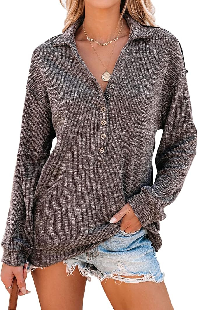 BTFBM Women Casual Button Up V Neck Blouses Long Sleeves Solid Color Stand Collar Knitted Tops Cu... | Amazon (US)