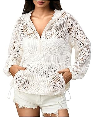 MakeMeChic Women's Lace Sheer Hollow Out Hooded Sweatshirts Half Zip Loose Hoodie Tops | Amazon (US)