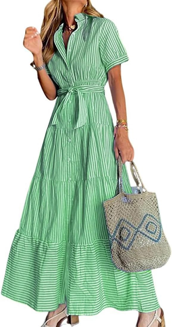 utcoco Womens Casual Short Sleeve Button Down Tie Waist Ruffled Striped Maxi Shirt Dress | Amazon (US)