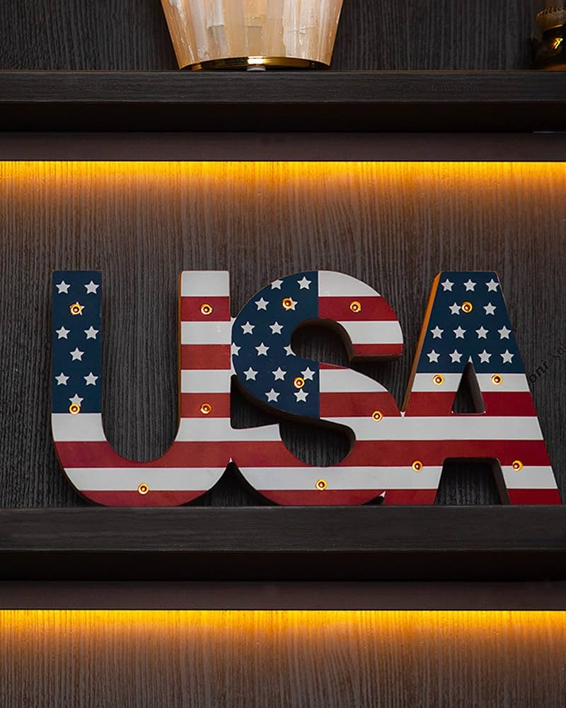 Patriotic Table Decor Lighted Red White and Blue Wood Sign with USA Letters Rustic Farmhouse Amer... | Amazon (US)