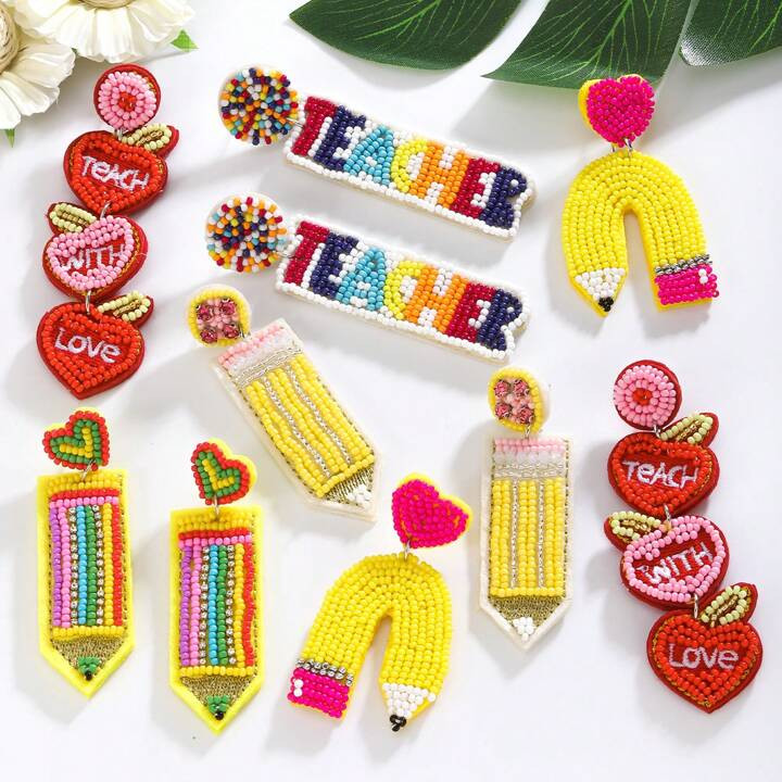 1pair Creative Design Pencil & Heart Handmade Embroidery Beaded Earring - Great Gift For Teachers... | SHEIN