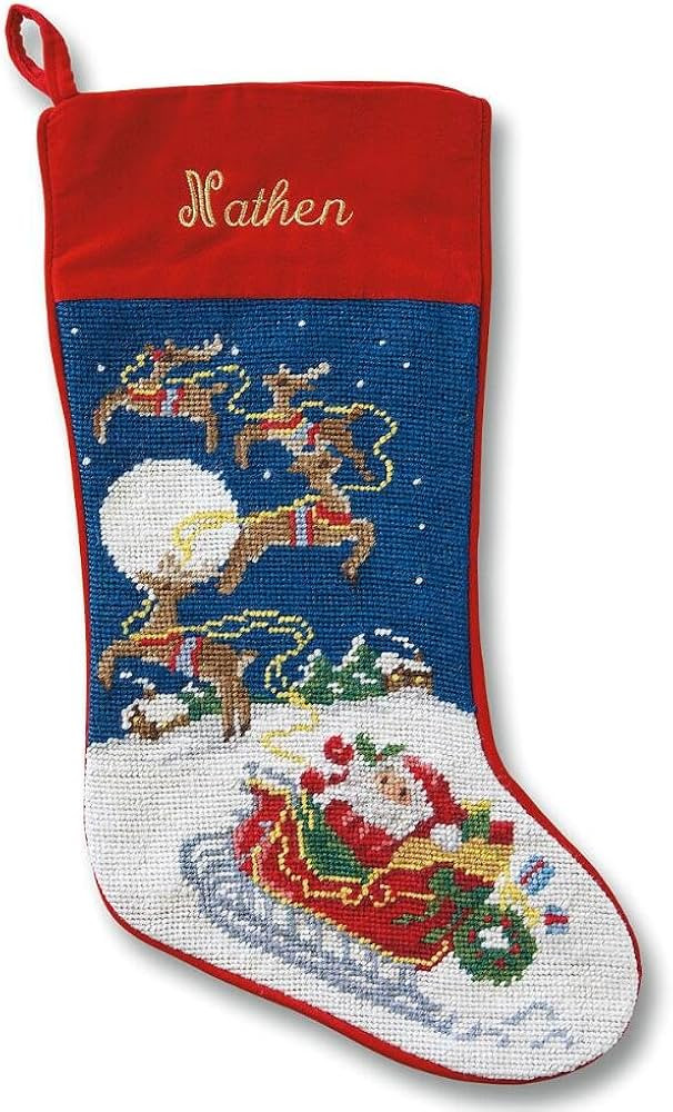 Lillian Vernon Personalized Heirloom Christmas Stocking Needlepoint Sleigh and Reindeer, 100% Woo... | Amazon (US)