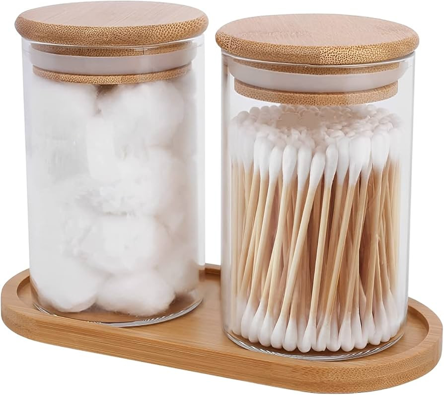 2 PCS Qtip Holder Dispenser with Bamboo Lids ＆ Tray, 10 Oz Cotton Swab Holder Cotton Ball Organ... | Amazon (CA)