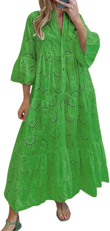 chouyatou Women's 2025 Lace Eyelet Embroidery Maxi Dress V-Neck Trumpet Sleeve Boho Flowy Swing D... | Amazon (US)