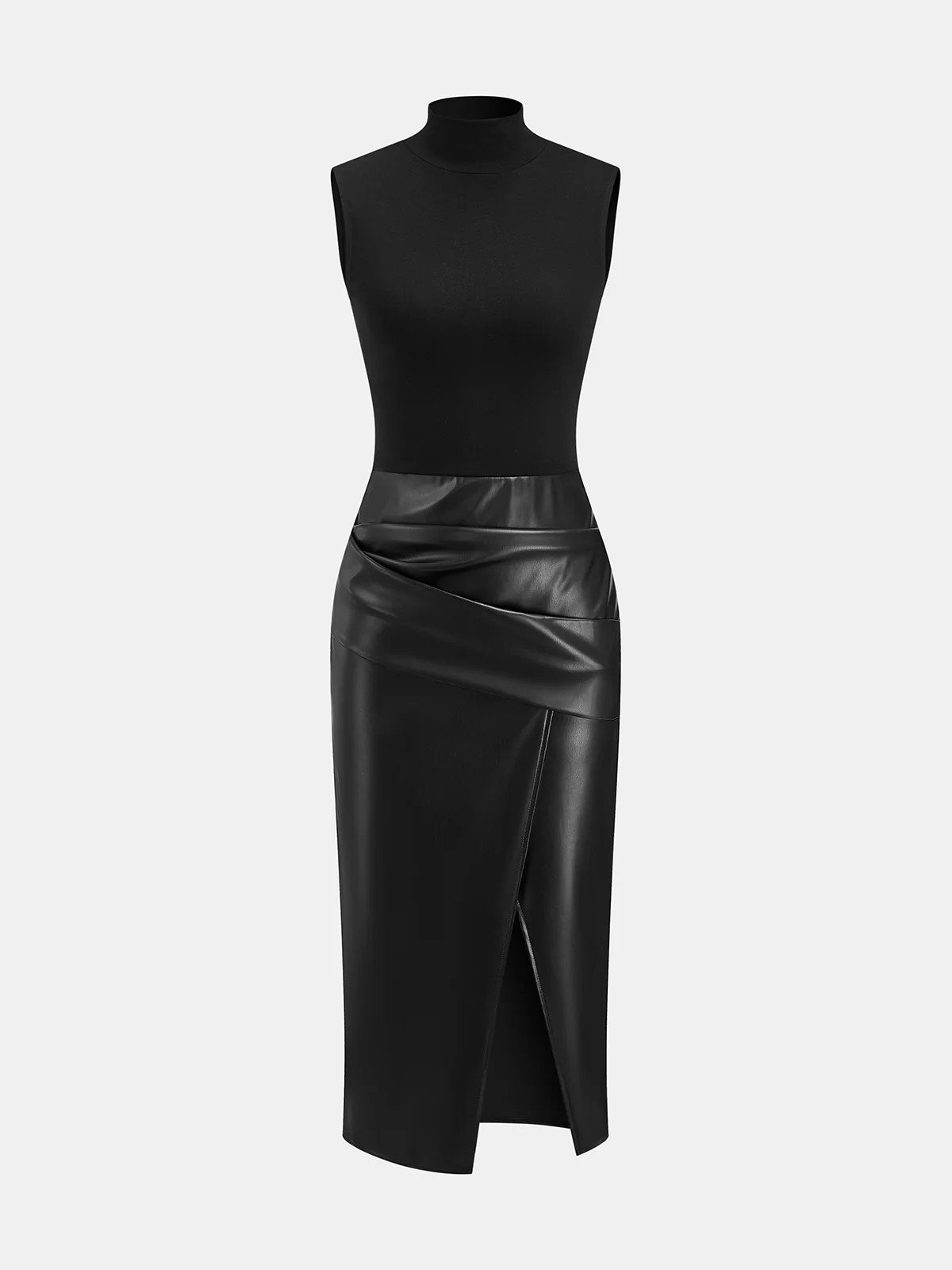 Faux Leather Panel Mock Neck Sleeveless Dress | Commense