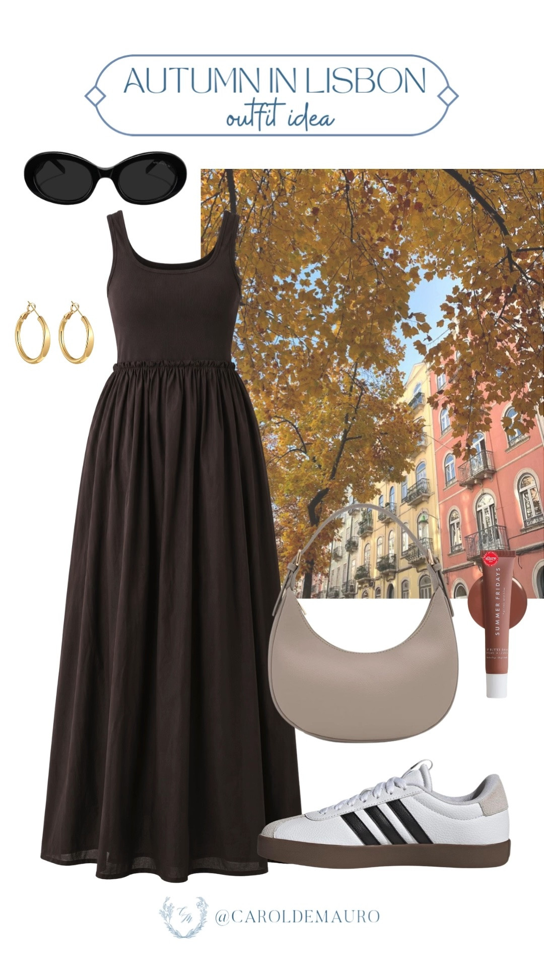 autum in lisbon outfit idea, fall casual look, travel outfit, vacation look, brown dress, crescent bag, adidas sneakers, gold hoops, oval sunglasses, tinted lip oil, summer fridays, petite fashion, modest look

#LTKSeasonal #LTKootd #LTKU