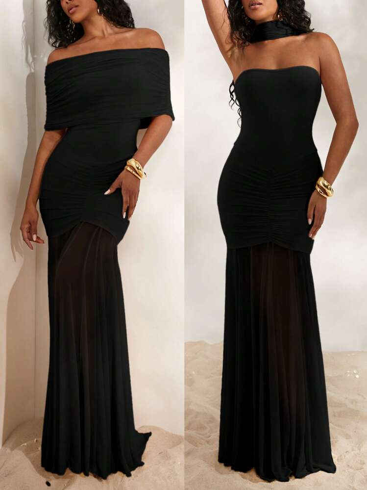 Opulessa Einfarbiges Gestricktes Netz-Maxi-Kleid Mit Meerweibchen-Silhouette Und Off-Shoulder Für Frauen | SHEIN