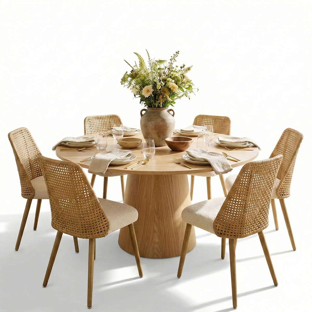 6 - Person Dining Table Sets With 60'' Round Table & 6 Upholstered Rattan Chairs | Wayfair North America