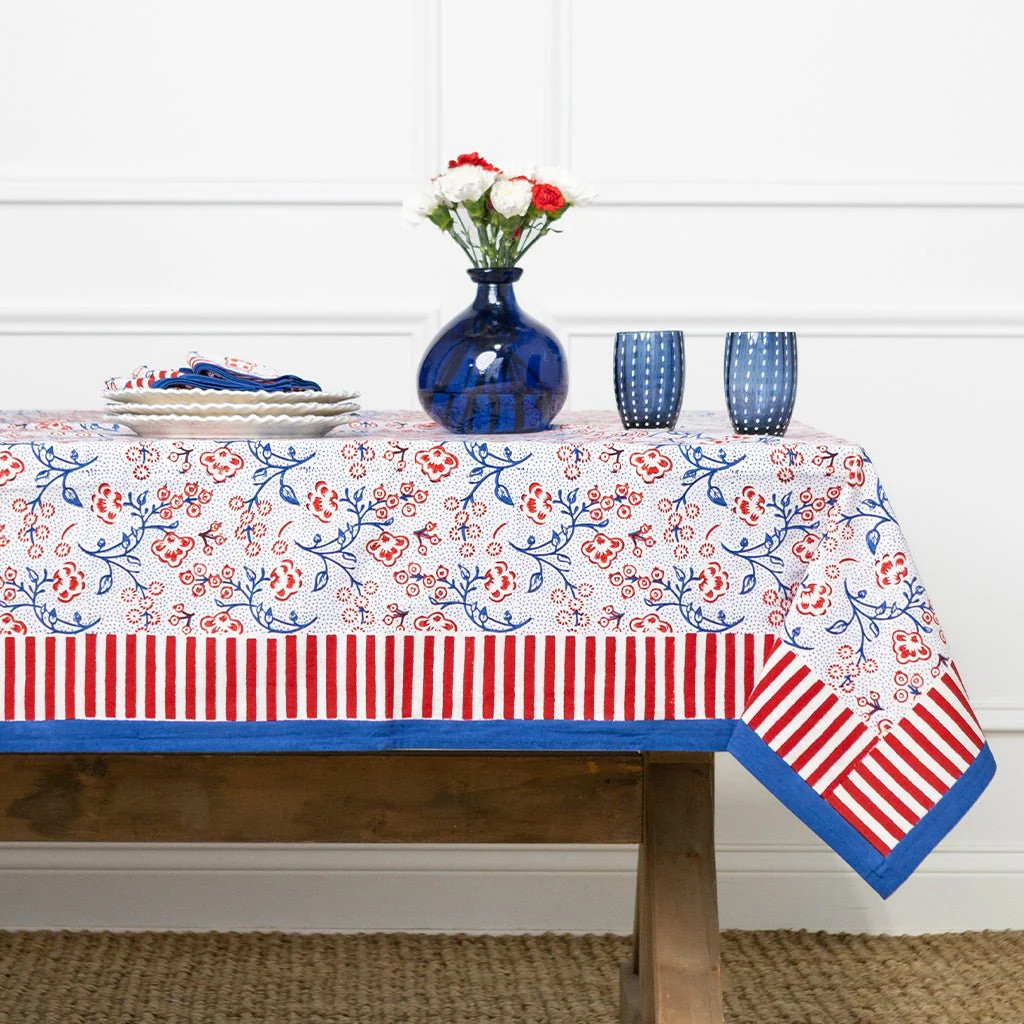 Floral & Berries Red, White & Blue Tablecloth | Pomegranate