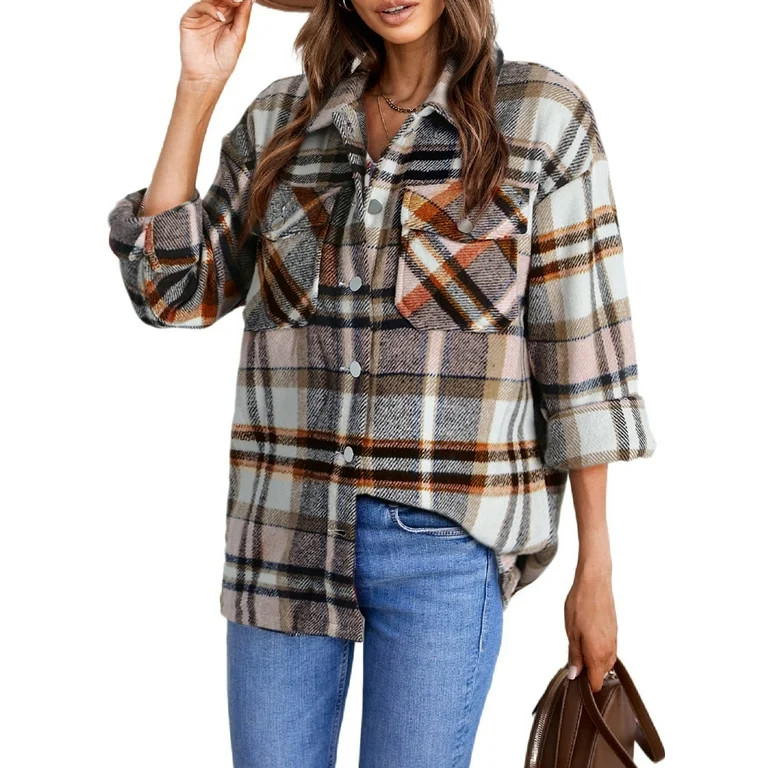 Dokotoo Womens Shackets Plaid Button Down Shirt Jacket for Women Long Sleeve Flannel Shirts Overs... | Walmart (US)