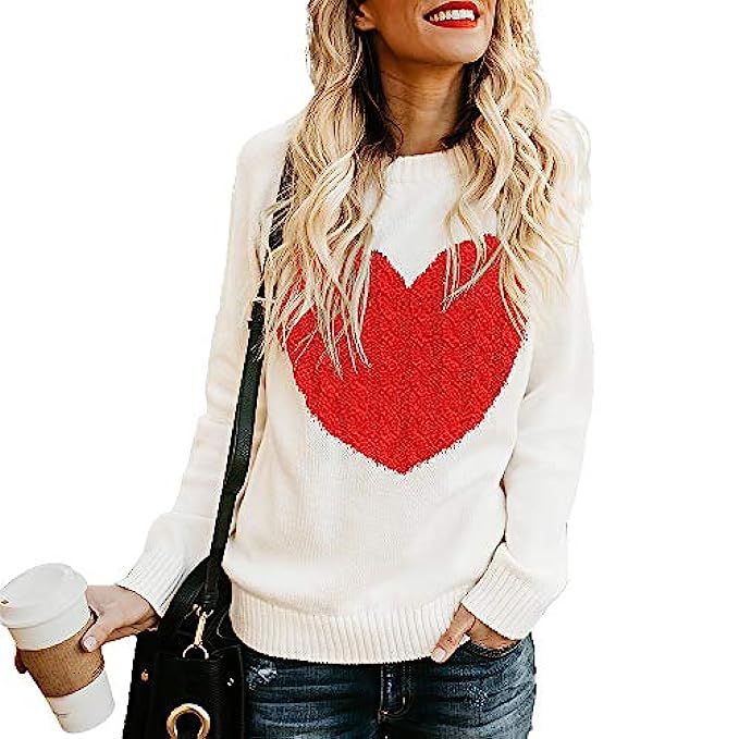Exlura Women's Casual Sweater Heart Pattern Patchwork Pullover Long Sleeve Crew Neck Knits Loose Top | Amazon (US)