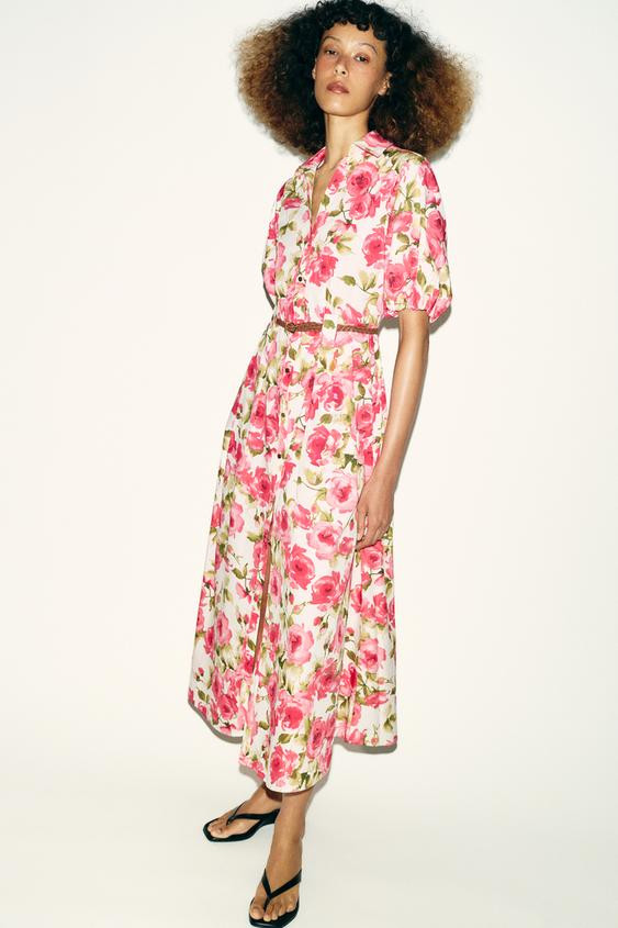 BELTED FLORAL PRINT MIDI DRESS | Zara US