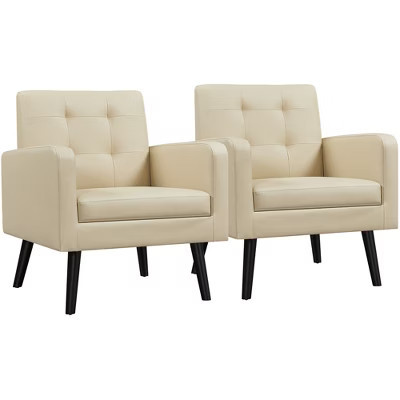 Yaheetech Set of 2 Faux Leather Tufted Back Arm Chair  Accent Chair with Solid Wood Legs, Beige | Target