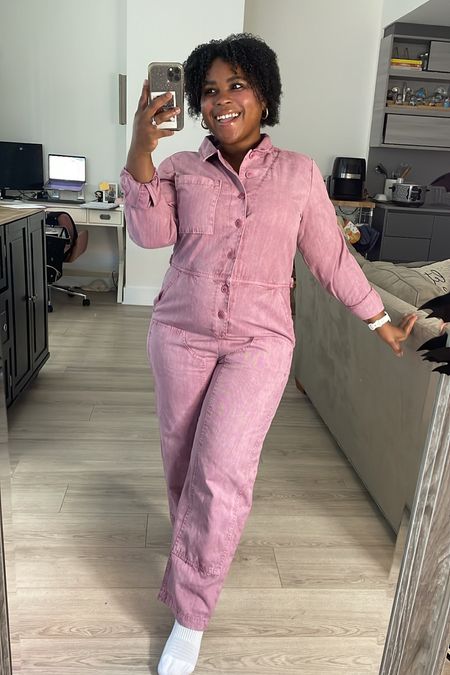 Pink boiler suit, boiler suit, denim jumpsuit, ltk fall

 sized up to a 12 normally a 10 in pants 

#LTKunder50