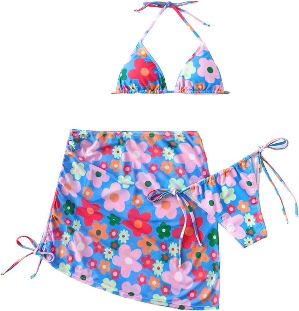 SOLY HUX Women's 4 Piece Swimsuits Triangle Bikini Bathing Suits with Mesh Beach Skirt & Bandana | Amazon (US)