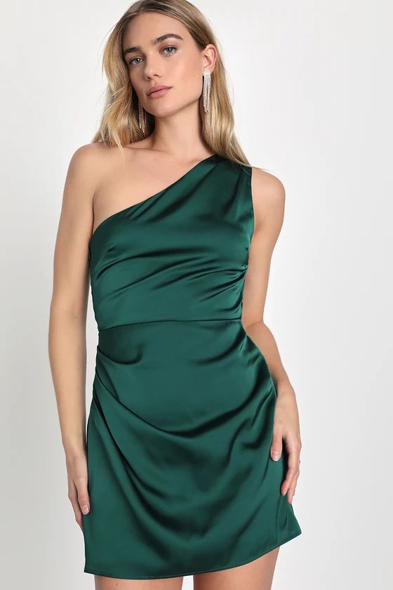 Love Me Tonight Emerald Green Satin One-Shoulder Mini Dress | Lulus (US)