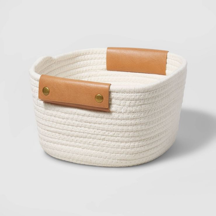 11" Decorative Coiled Rope Square Base Tapered Basket with Leather Handles Small White - Brightro... | Target