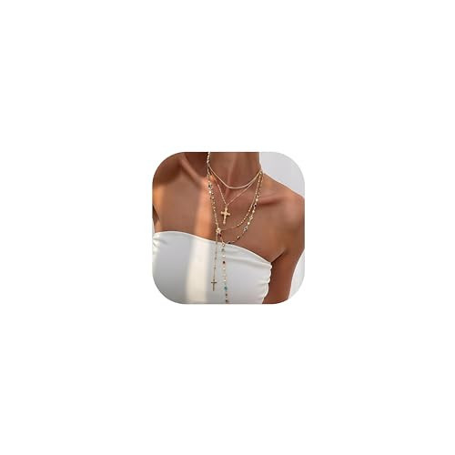 4PCS Layered Gold Cross Necklaces for Women Trendy, Bohemian Bead Pearl Y Long Pendant Necklace Set, Vintage Rosary Necklace Stack Adjustable Length | Amazon (US)