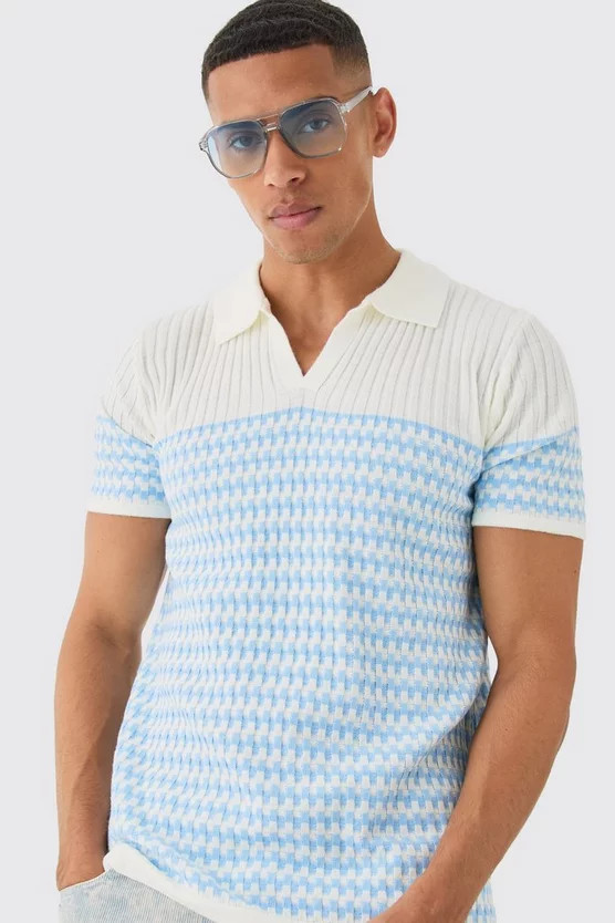 Regular V Neck Stripe Knitted Polo | boohooMAN USA | boohooMAN (US & Canada)