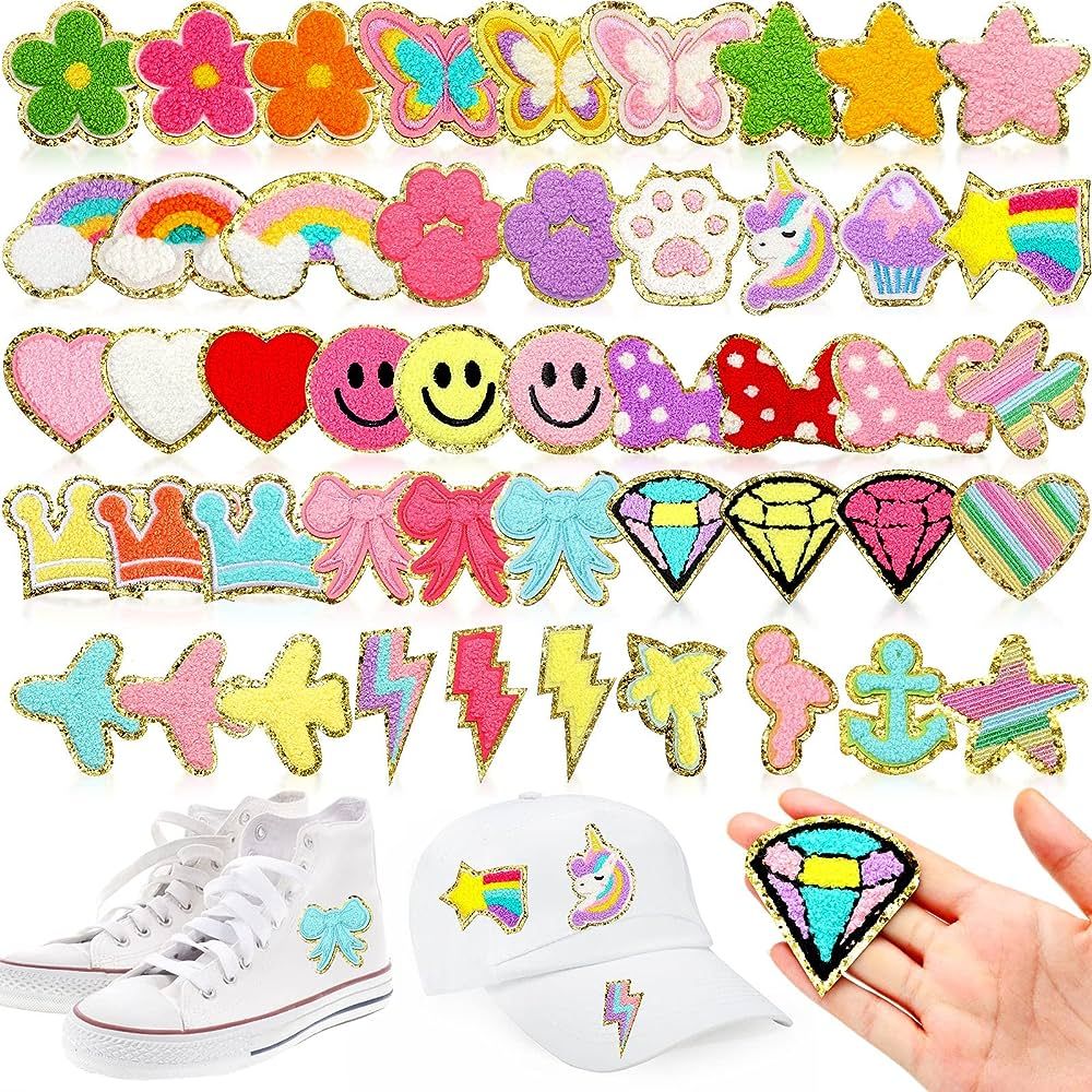 48 Pcs Iron on Patches Self Adhesive Chenille Patches for Backpacks Applique Patches Rainbow Hear... | Amazon (US)