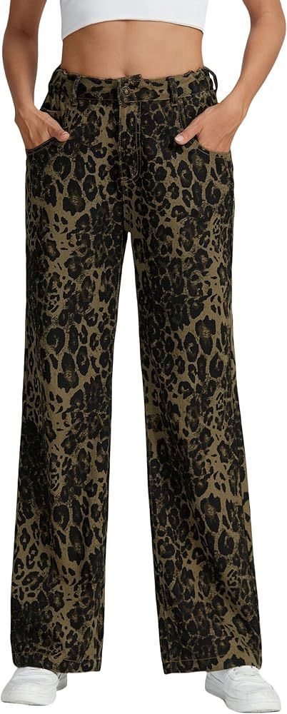 Kedera Women's Leopard Printed Wide Leg Jeans Baggy Straight Jeans Casual Boyfriend Mid Rise Ankl... | Amazon (US)