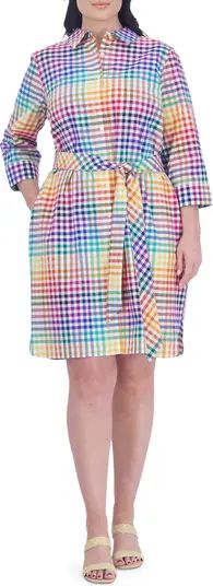 Foxcroft Rocca Rainbow Gingham Belted Three-Quarter Sleeve Cotton Shirtdress | Nordstrom | Nordstrom