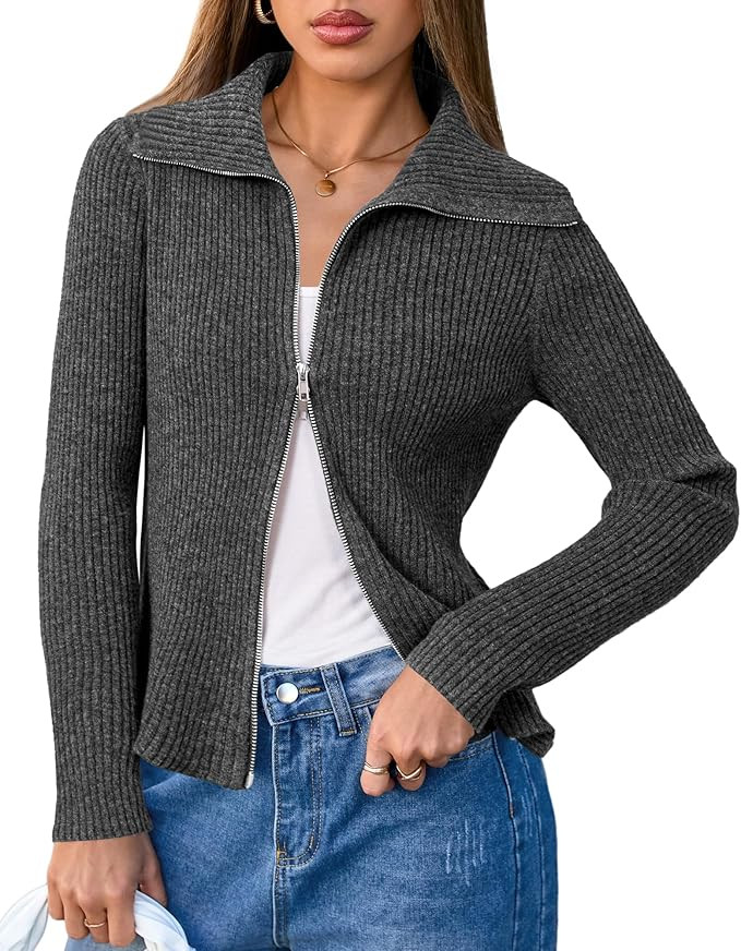 Arach&Cloz Women's Wool Blend Fall Zip Up Lapel Neck Business Cardigan Sweaters 2025 | Amazon (US)