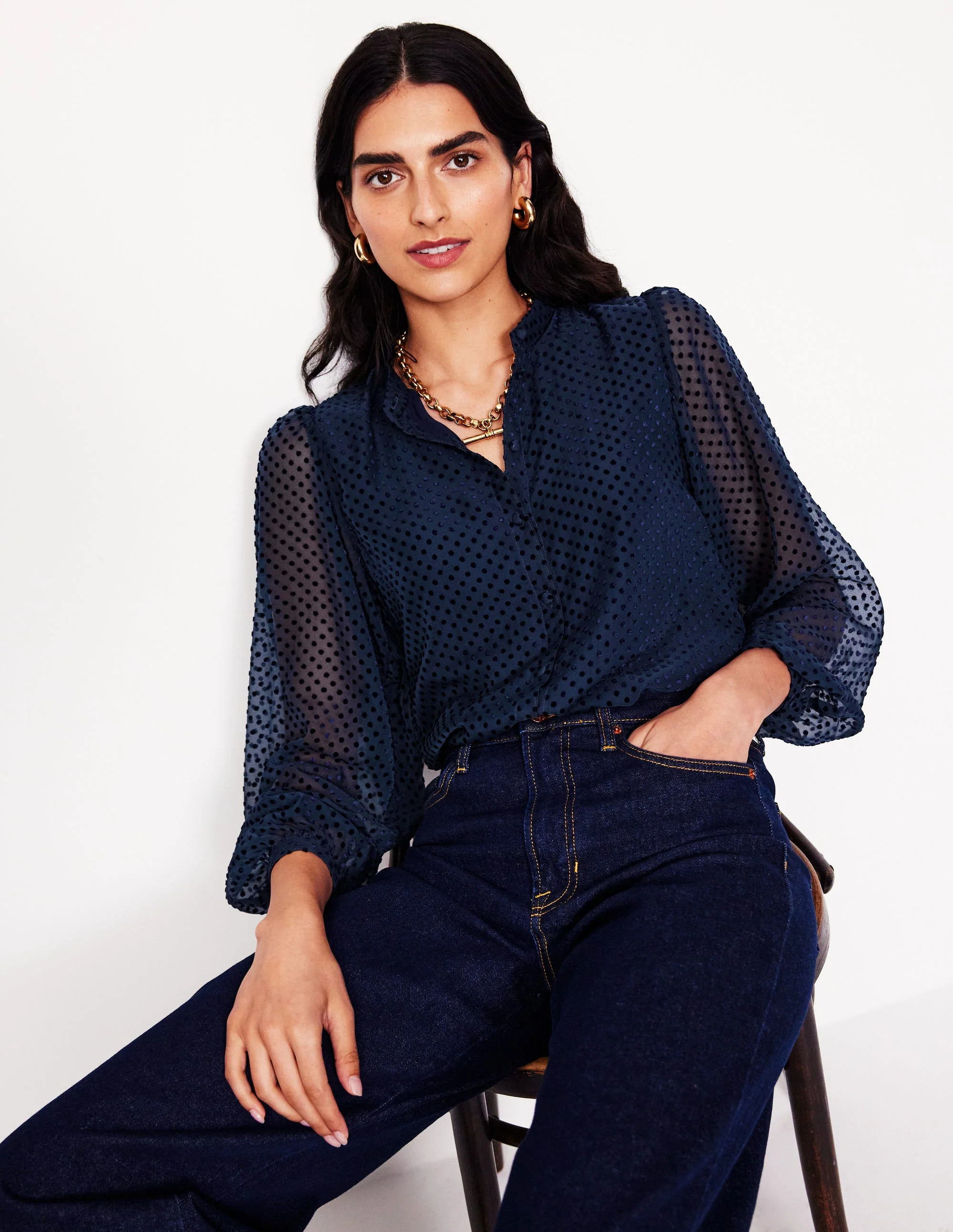 Theodora Devore Blouse-Navy Spot | Boden UK