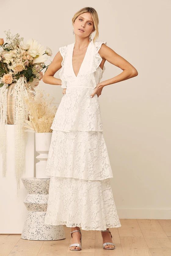 Molinetto White Lace Ruffled Tiered Sleeveless Maxi Dress | Bride To Be | White Lace Dresses | Weddi | Lulus (US)