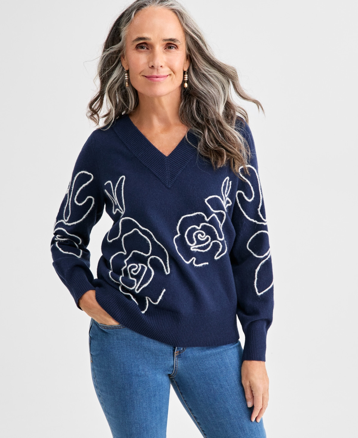Style & Co Women's Soutache V-Neck Sweater, Macy's Exclusive - Industrial Blue Combo | Macy's