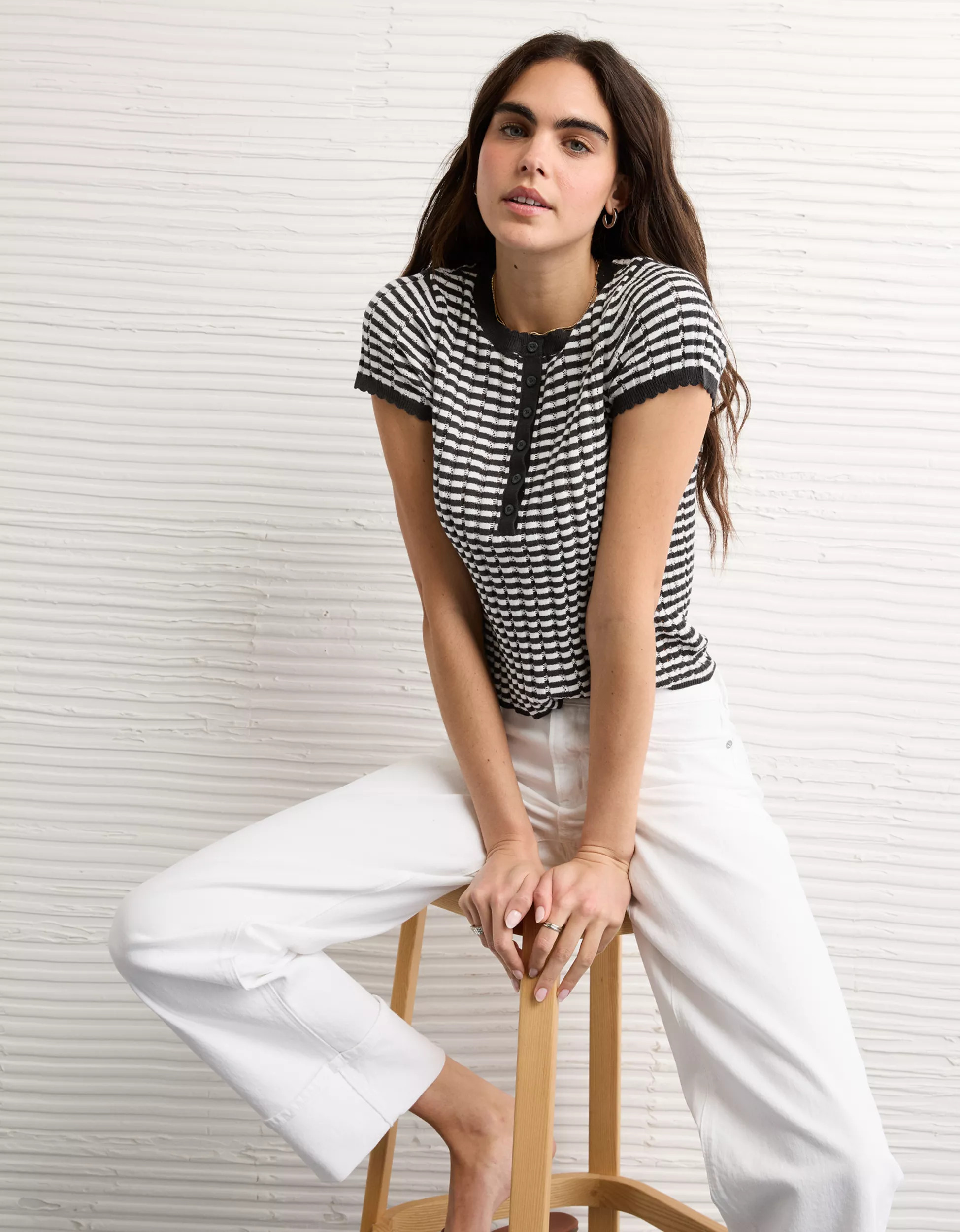 AE Henley Pointelle Sweater T-Shirt | American Eagle Outfitters (US & CA)