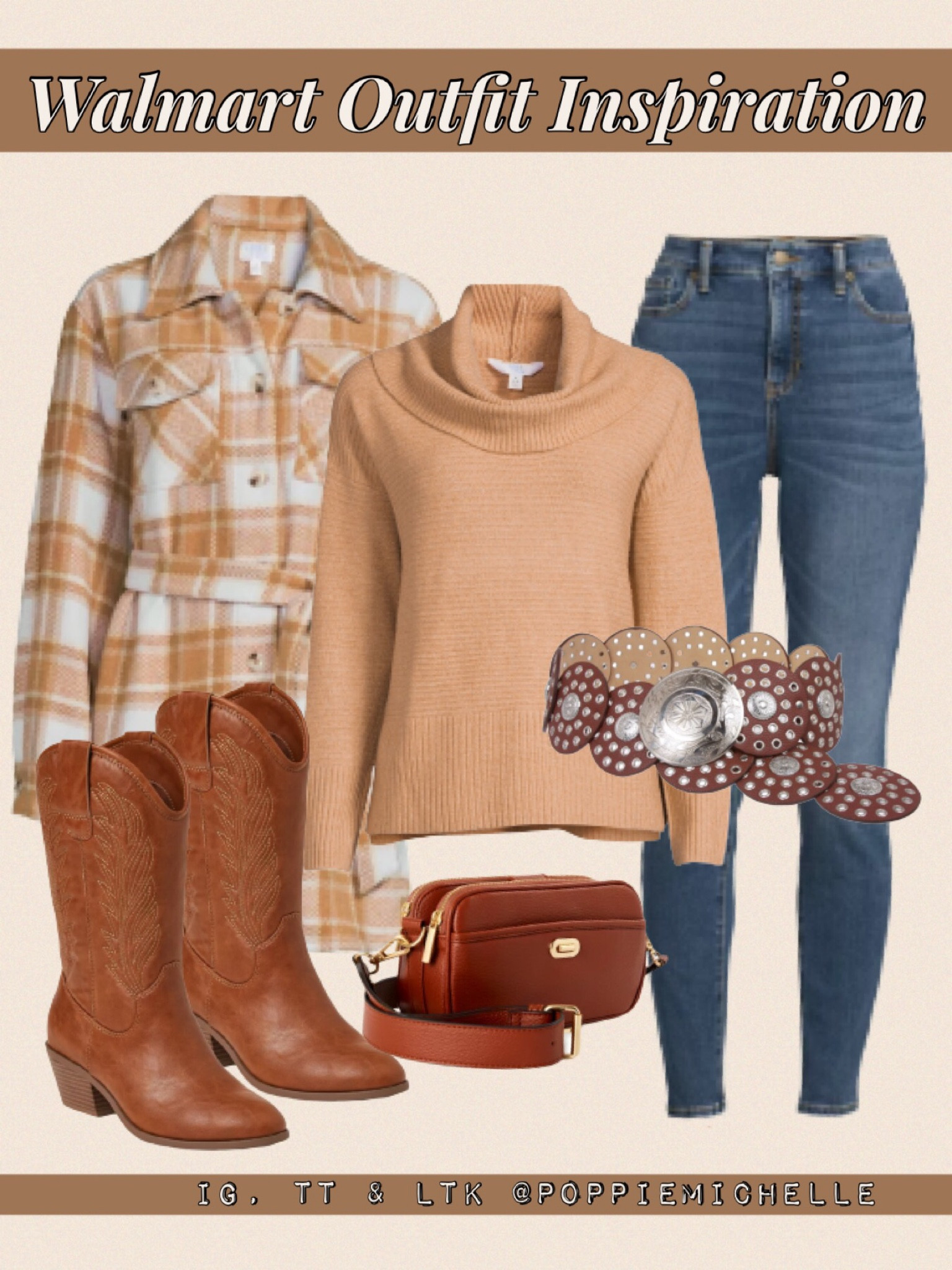 @walmartfashion #walmartpartner tan sweater cowl neck sweater brown sweater light brown sweater light wash skinny jeans blue jean distressed denim jeans curvy fit skinny jeans Time and Tru Walmart sweater time and Tru jeans western Concho belt brown boots brown cowboy boots brown cowgirl boots brown western boots sliver Concho belt long shacket brown plaid shacket belted shacket neutral shacket brown leather crossbody purse Walmart outfit Walmart fashion Walmart style PoppieMichelle  #ad #sponsored 

#LTKfit #LTKcurves #LTKunder50