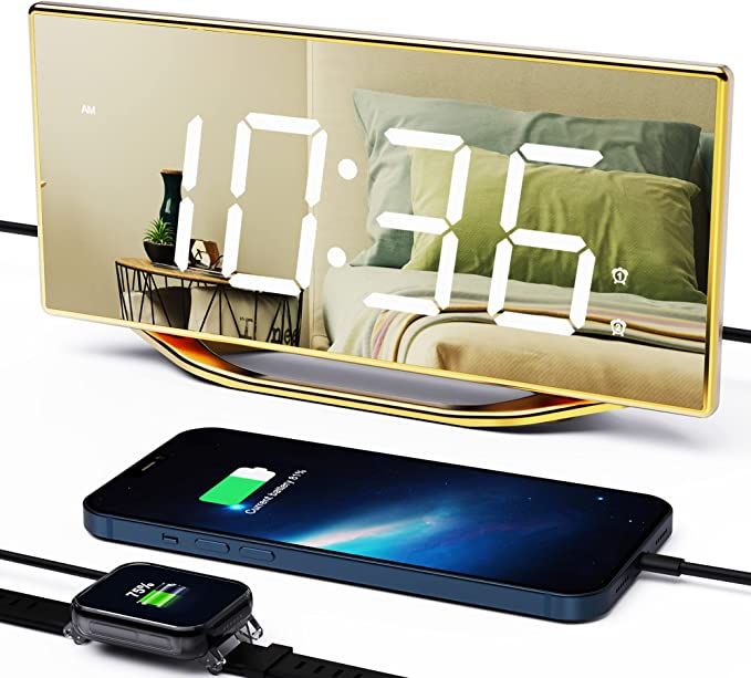 Digital Dual Alarm Clock with USB Charger for Bedroom,8.7" Large LED Mirror Display Bedside Clock... | Amazon (US)