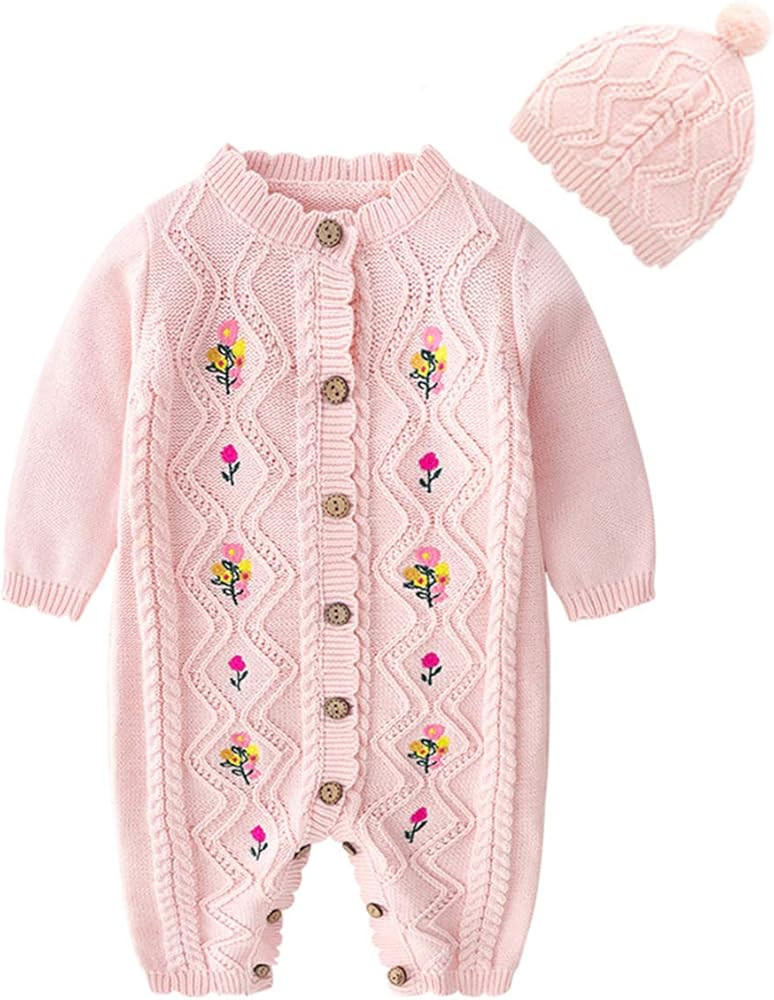 JunNeng Baby Newborn Cotton Knitted Sweater Romper Longsleeve Outfit with Warm Hat Set | Amazon (US)