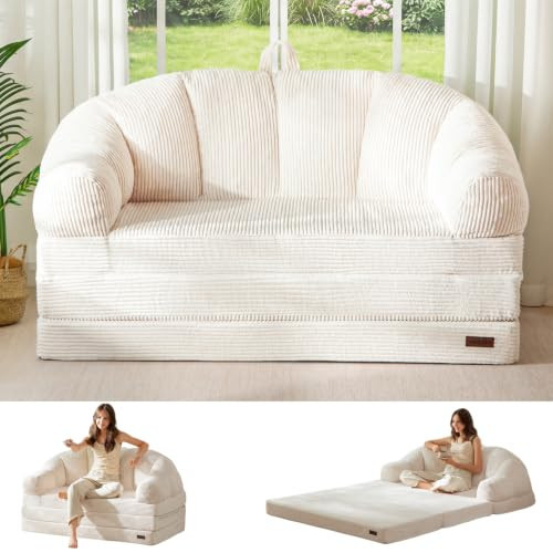 MAXYOYO Folding Sofa Bed with Backrest, Boneless Fold Out Couch Bed with Handle, 2 in 1 Convertible Bean Bag Chair to Floor Sofa Lounger, Folding Couch for Bedroom & Living Room, Beige, Loveseat | Amazon (US)