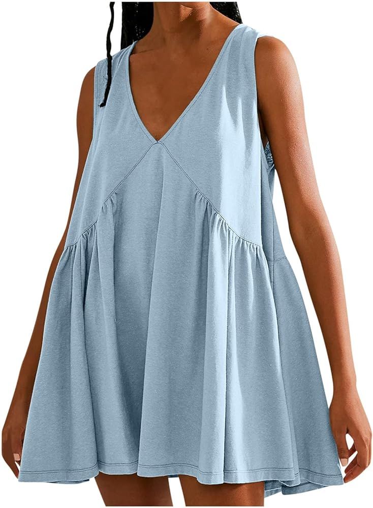 Mini Dresses for Women, 2024 Spring Summer Trendy Casual Sleeveless Dress, Elegant Loose V Neck S... | Amazon (US)