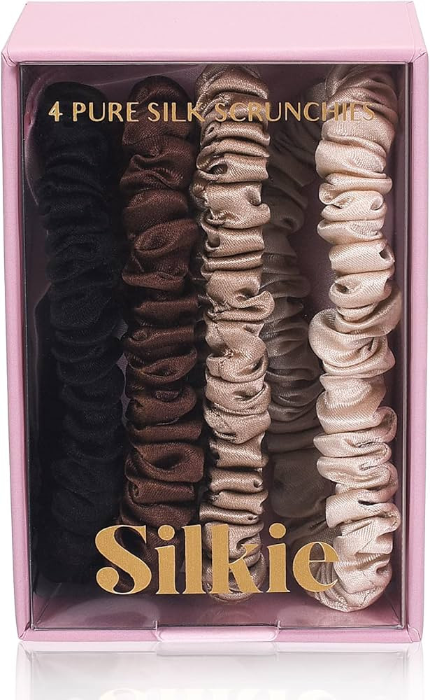 SILKIE x4 Set 100% Pure Mulberry Silk Black Brown Skinny Scrunchies Travel Pouch Everyday Hair Ti... | Amazon (US)