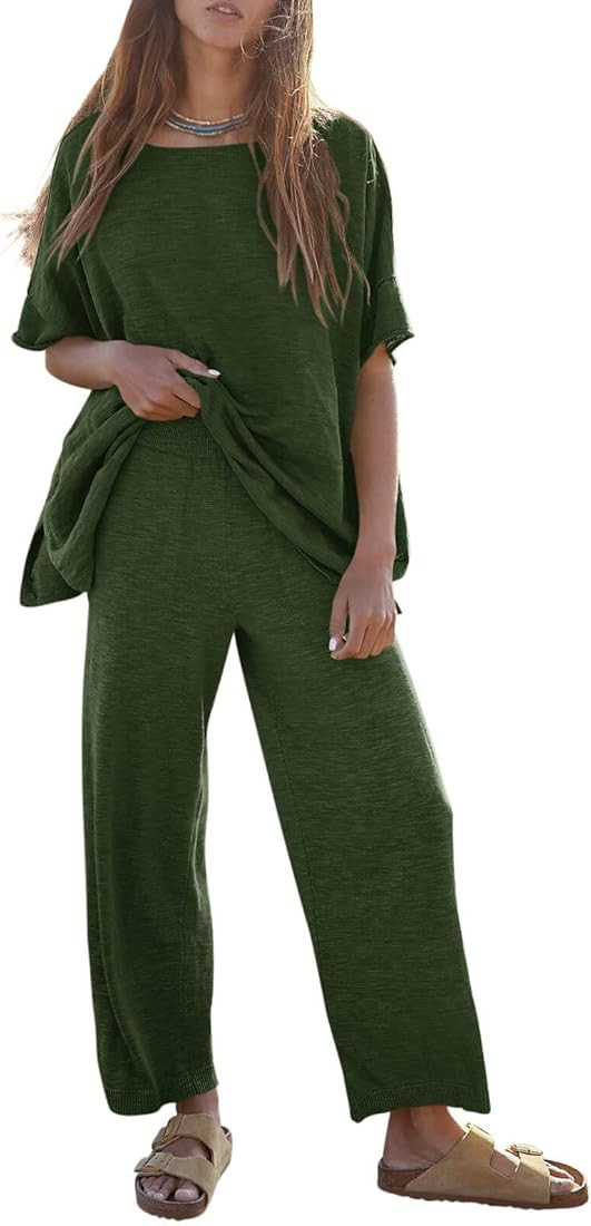 Tankaneo Women's 2 Piece Travel Outfits Casual Short Sleeve Knit Sweater Set Wide Leg Pants Loung... | Amazon (US)