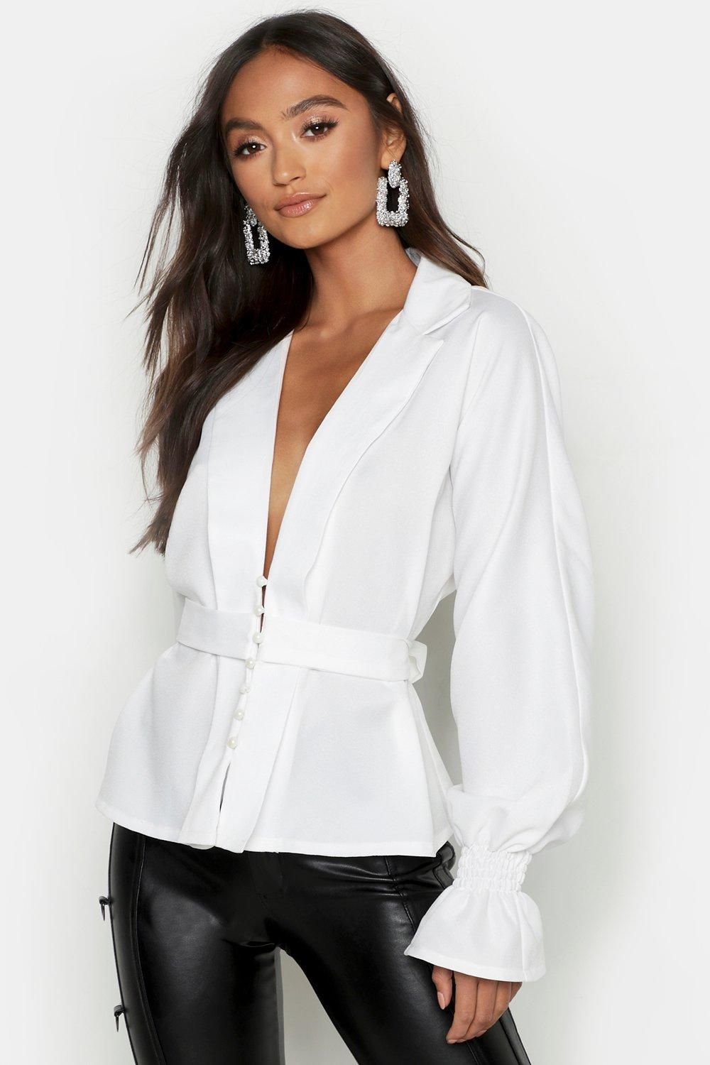 Petite Button Front Plunge Blouse | Boohoo.com (UK & IE)