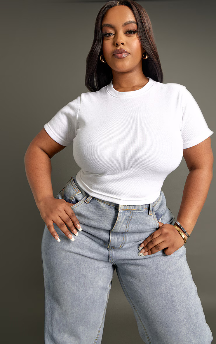 Plus White Basic Rib Short Sleeve Crop Top | PrettyLittleThing US