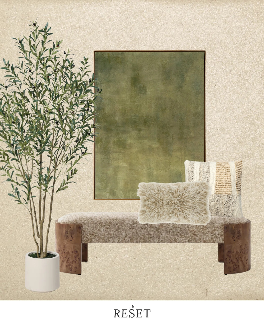 Neutral modern entryway with an upholstered bench, abstract wall art, and olive tree.
High-end, timeless entryway inspiration. 

 #LTKSeasonal #LTKHome