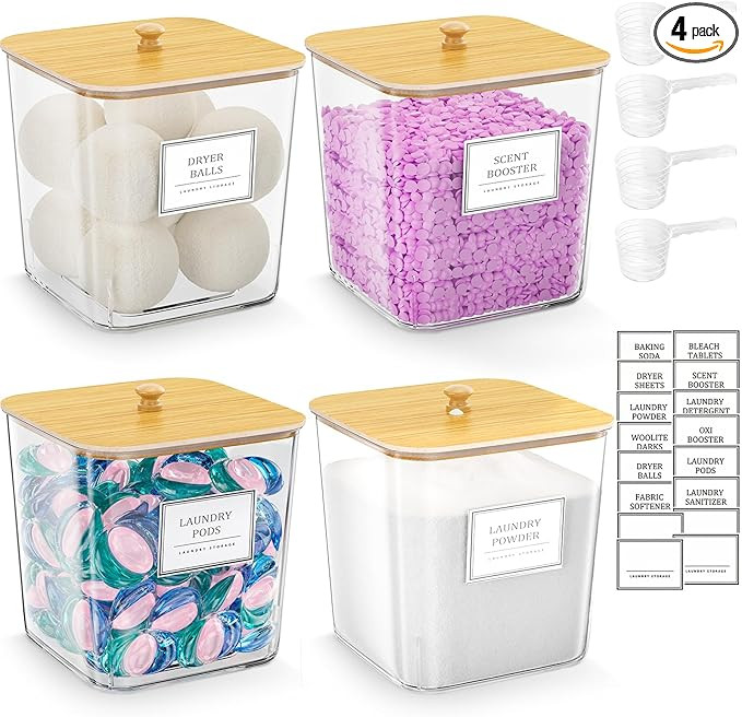 4 Pack Clear Laundry Pod Container, Laundry Room Organization Containers with Wooden Lids & Label... | Amazon (US)