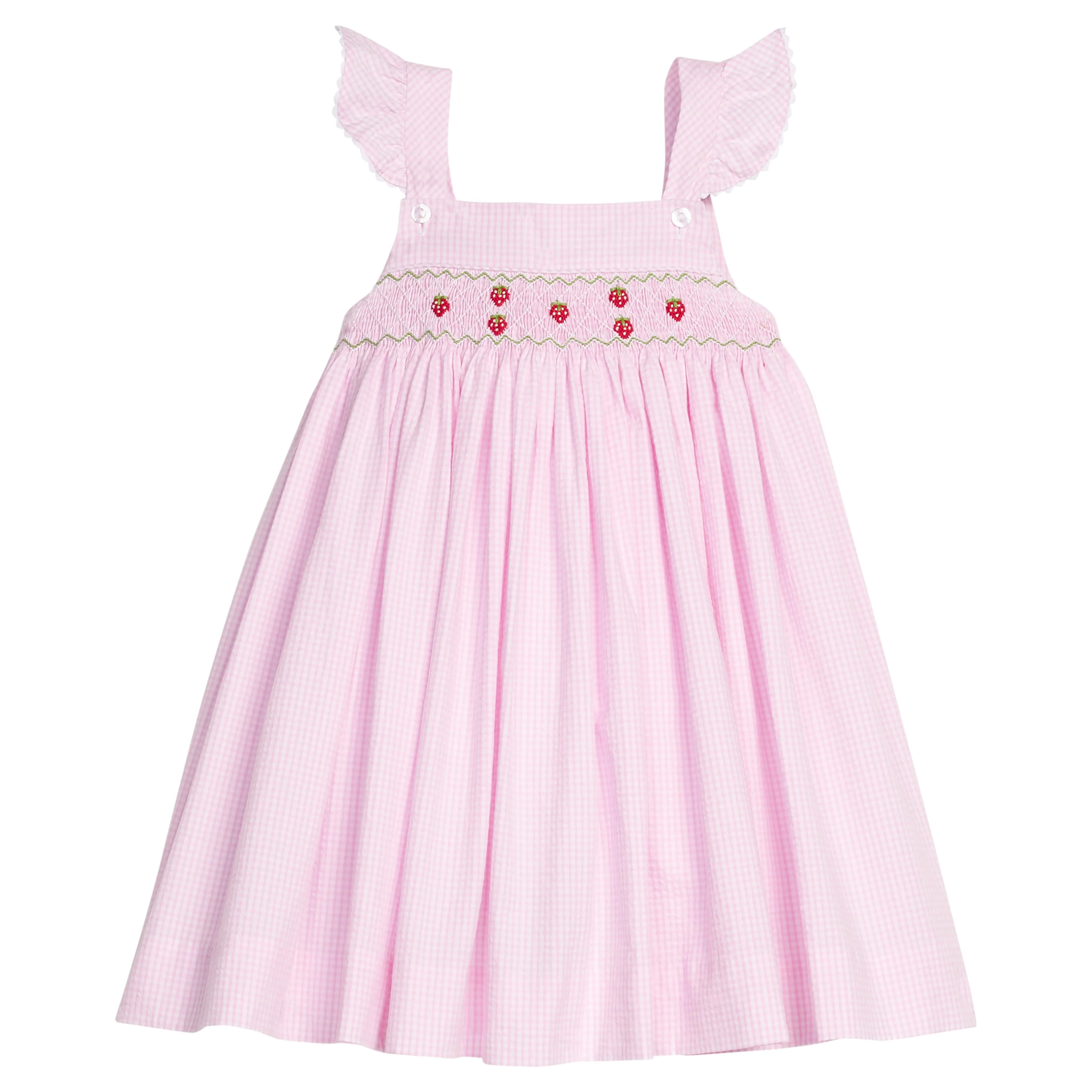 Strawberries Smocked Lizzy D Dress - Pink Seersucker Gingham | Little English