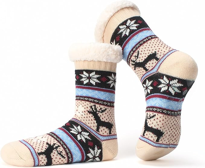 Cozylook Women's Fuzzy Slipper Socks with Non-Slip Grippers, Cozy Fluffy Sherpa Lined, Cute Chris... | Amazon (US)