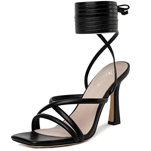 Mostrin Black Strappy Heels for Women Lace Up Heels Tie Up Stiletto High Heeled Sandals Square Open Toe Heels for Prom, Party Size 7.5 | Amazon (US)